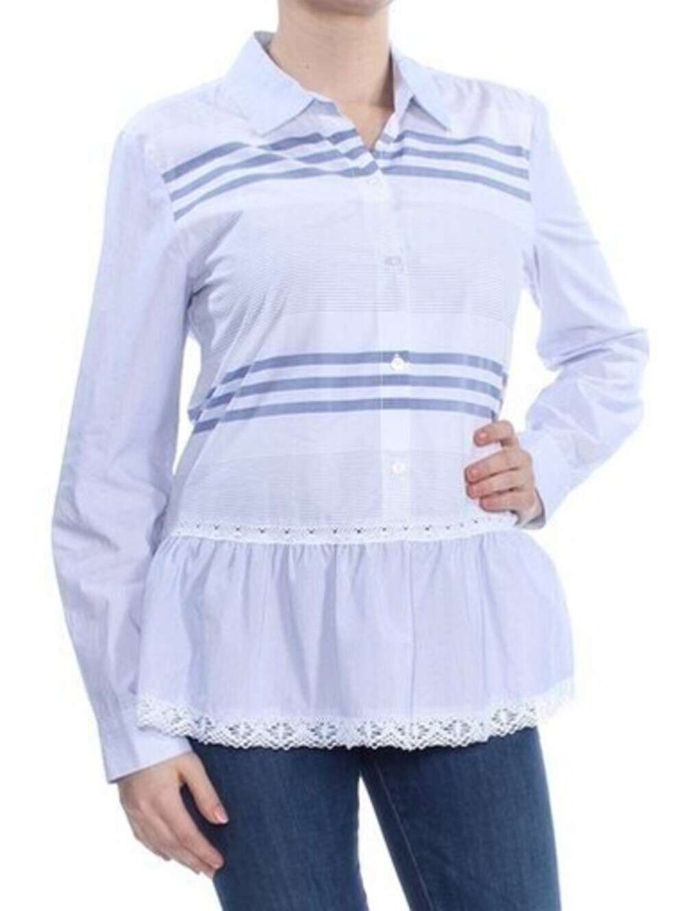 DKNY Womens Ruffled Striped Long Sleeve Collared Button Up Size M